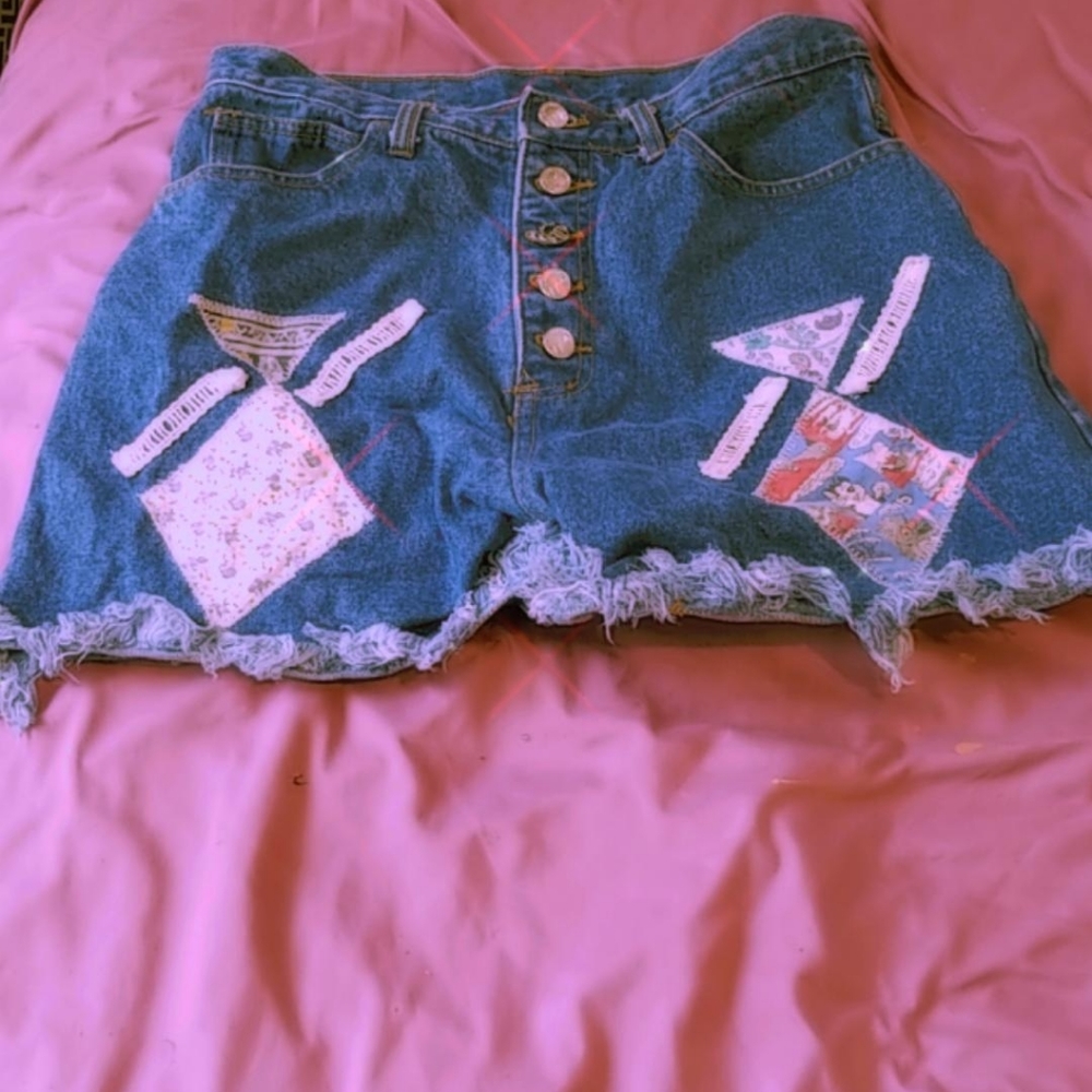 Vintage High Waisted Blue Jean Shorts with Patches